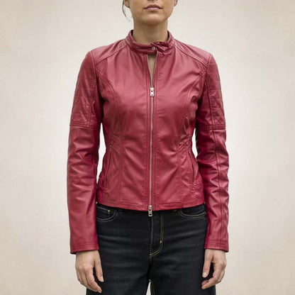Women’s Slim Fit Red Leather Biker Jacket