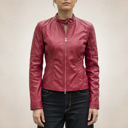 Women’s Slim Fit Red Leather Biker Jacket