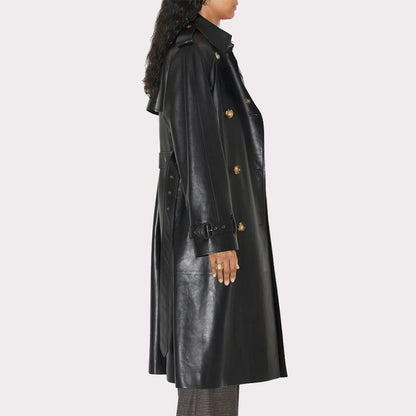 Statement Black Women's Leather Trench Coat - Longline Elegance