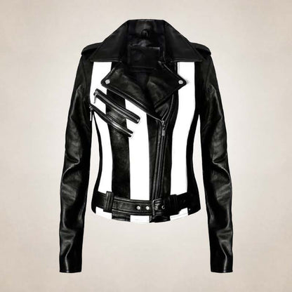 Women's Black and White Striped Leather Biker Jacket
