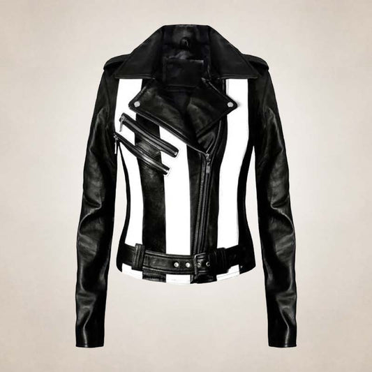 women's black and white leather biker jacket front view