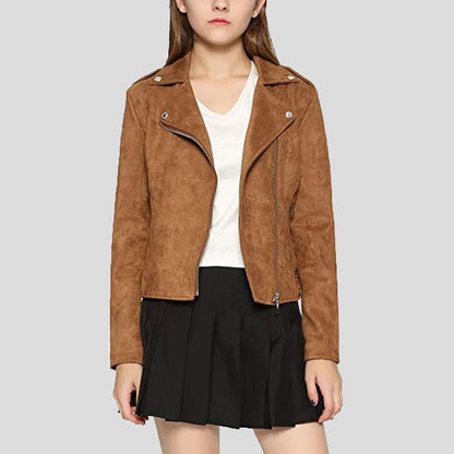 Women's Stylish Suede Leather Moto Jacket | Oblique Zip, Notched Collar