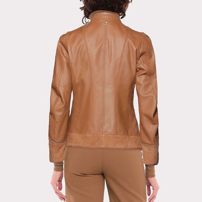 Women's Single-Breasted Leather and Suede Jacket with Mandarin Collar