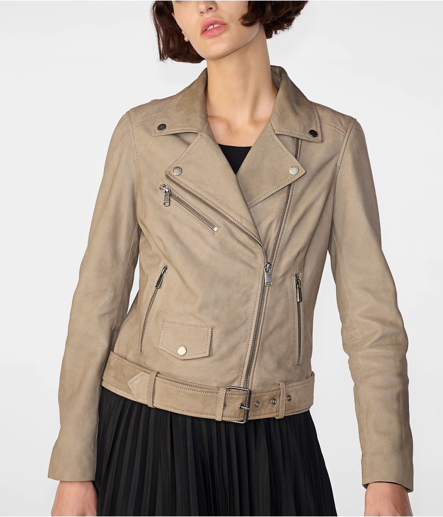 New Women's Tan Beige Suede Biker Leather Jacket