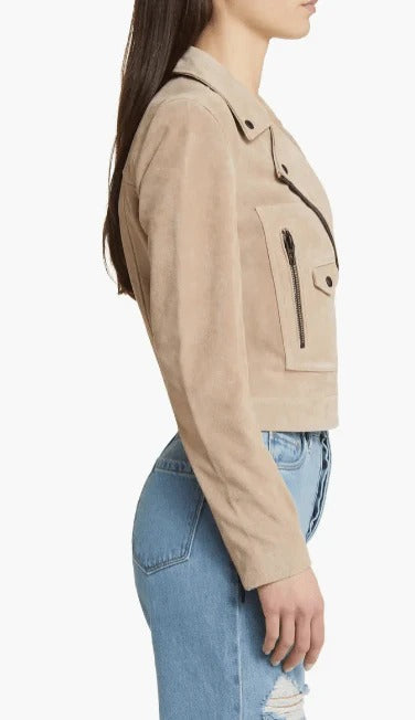 Women's Tan Beige Suede Biker Leather Jacket