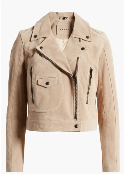 Women's Tan Beige Suede Biker Leather Jacket