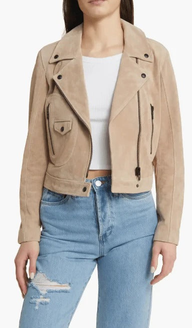 Women's Tan Beige Suede Biker Leather Jacket