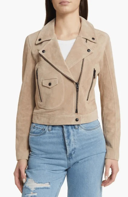 Women's Tan Beige Suede Biker Leather Jacket