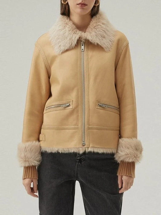 Women's Tan Brown Shearling Bomber Leather Jacket