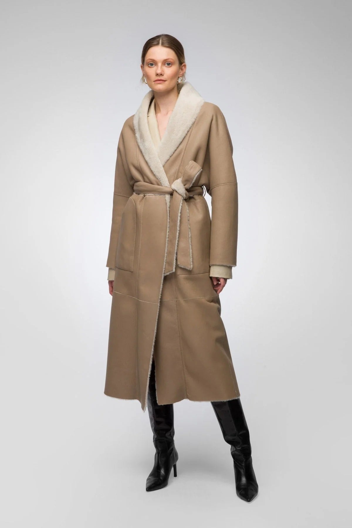 Women's Tan Brown Shearling Leather Coat With Belted Waist