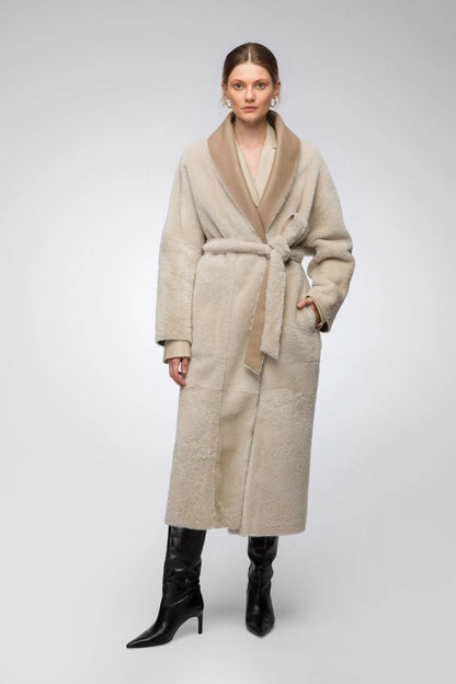 Women's Tan Brown Shearling Leather Coat With Belted Waist