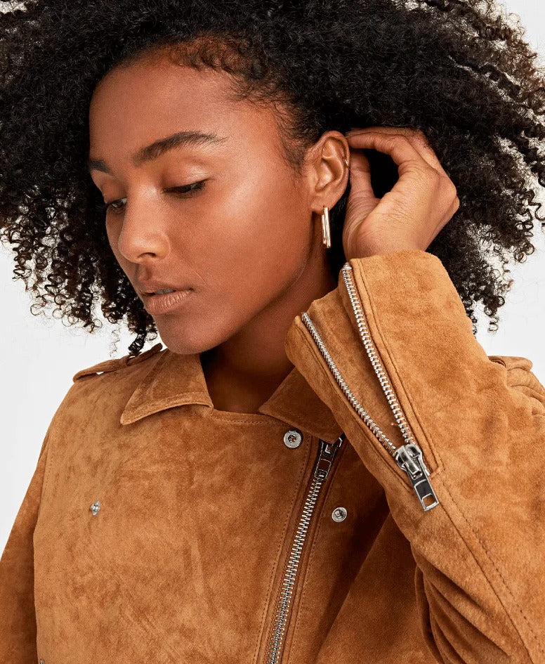 Women's Tan Brown Suede Biker Leather Jacket