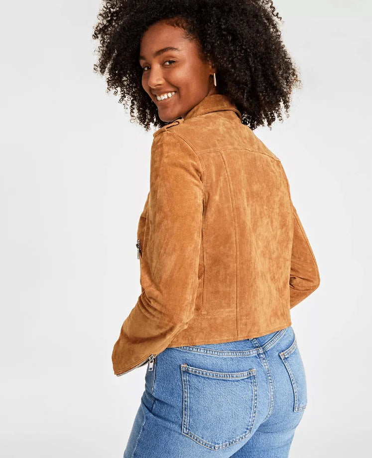 Women's Tan Brown Suede Biker Leather Jacket