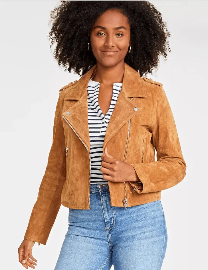 Women's Tan Brown Suede Biker Leather Jacket