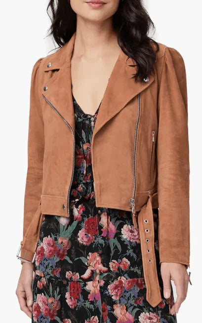 Women's Tan Brown Suede Leather Biker Jacket