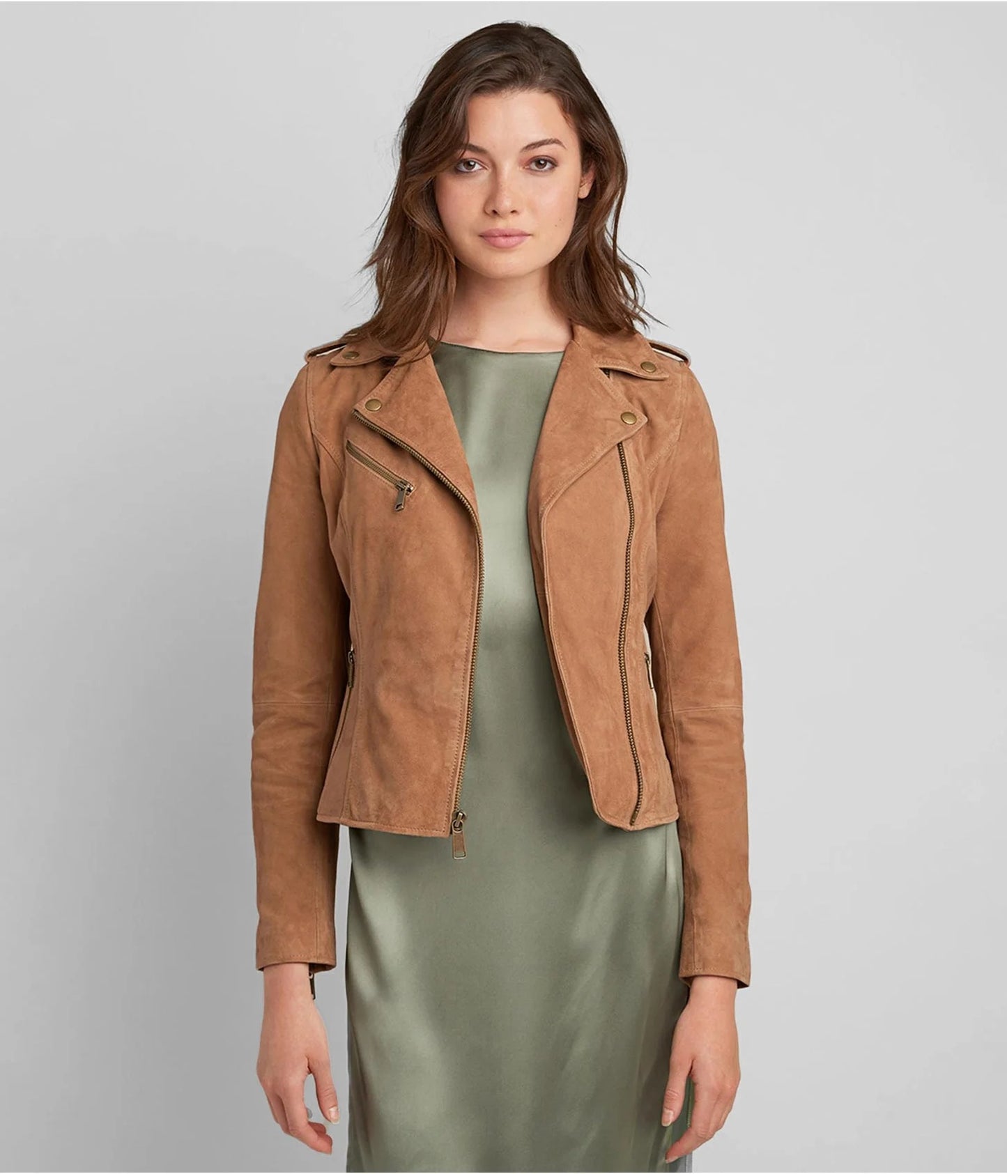 Women's Tan Brown Suede Leather Moto Jacket