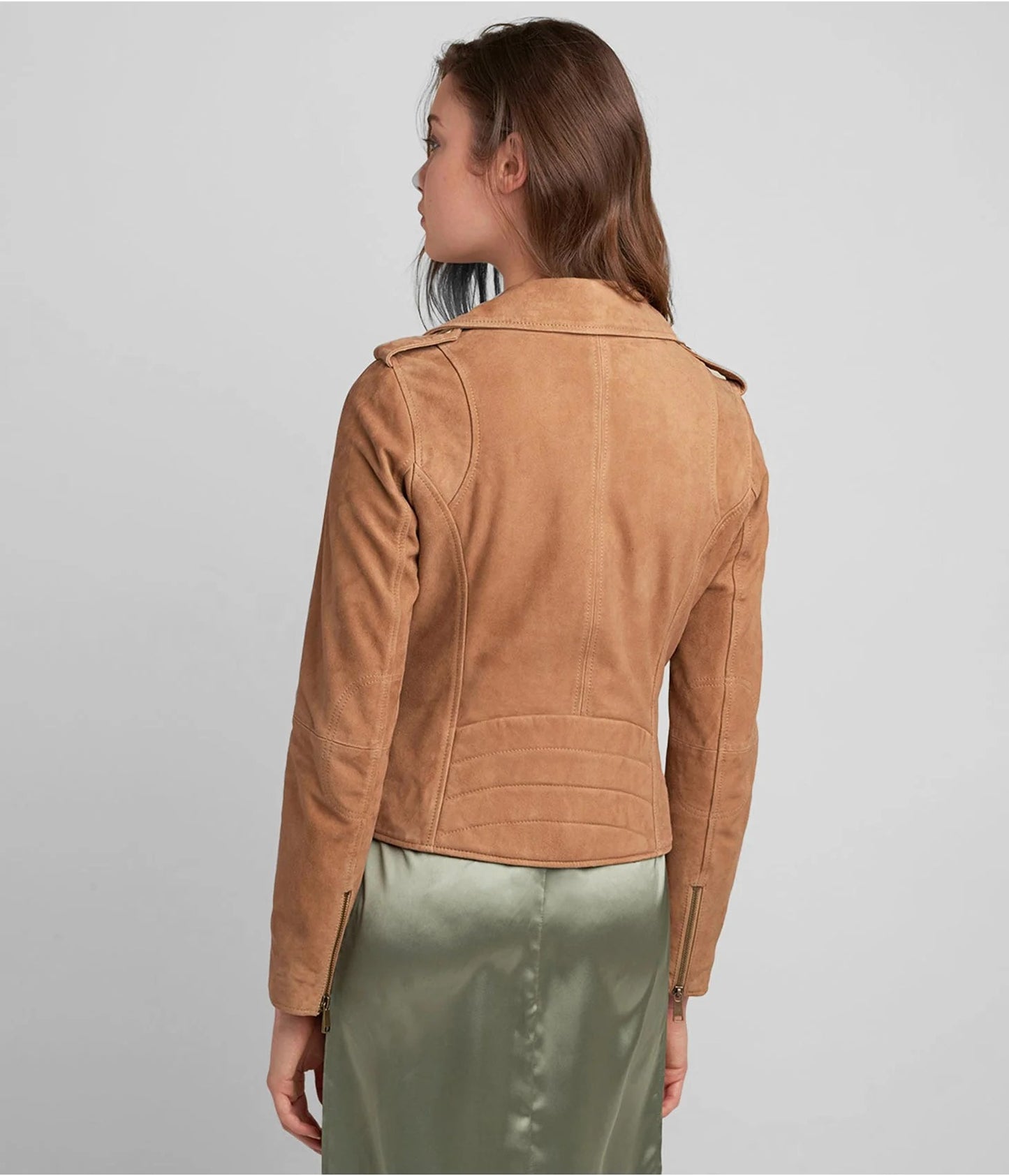 Women's Tan Brown Suede Leather Moto Jacket