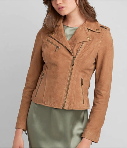 Women's Tan Brown Suede Leather Moto Jacket