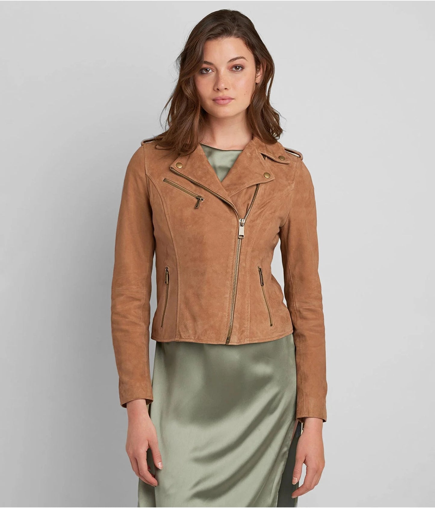 Women's Tan Brown Suede Leather Moto Jacket