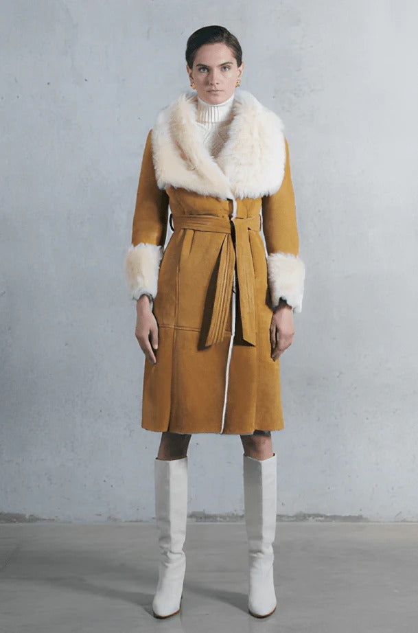 Women's Tan Brown Suede Leather Shearling Coat