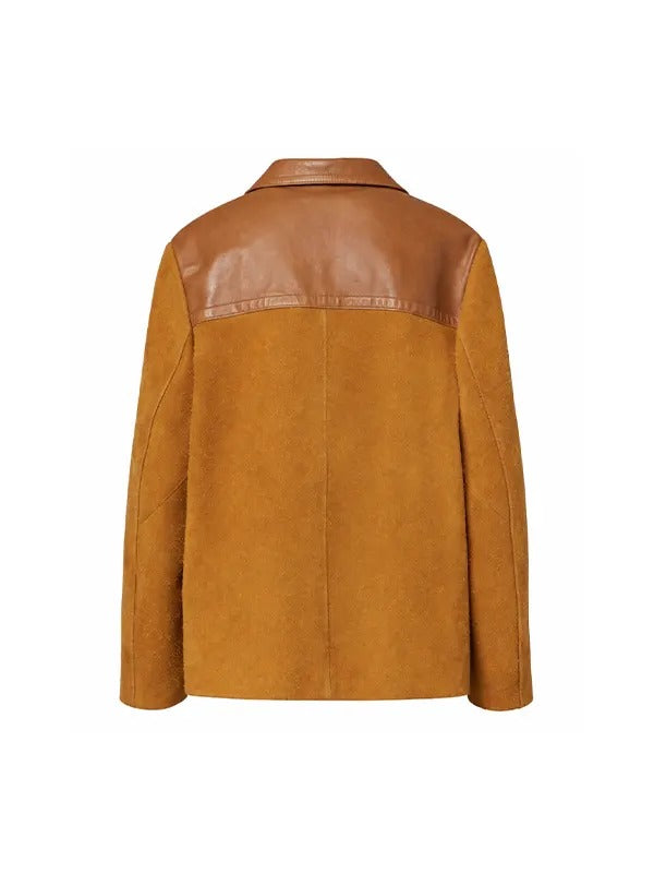 Womens Tan Brown Suede Oversized Jacket with Leather Trim