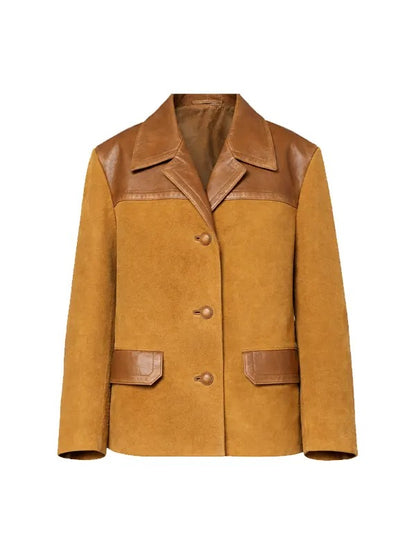Womens Tan Brown Suede Oversized Jacket with Leather Trim