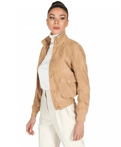 Women's Tan Brown Trucker Suede Leather Jacket