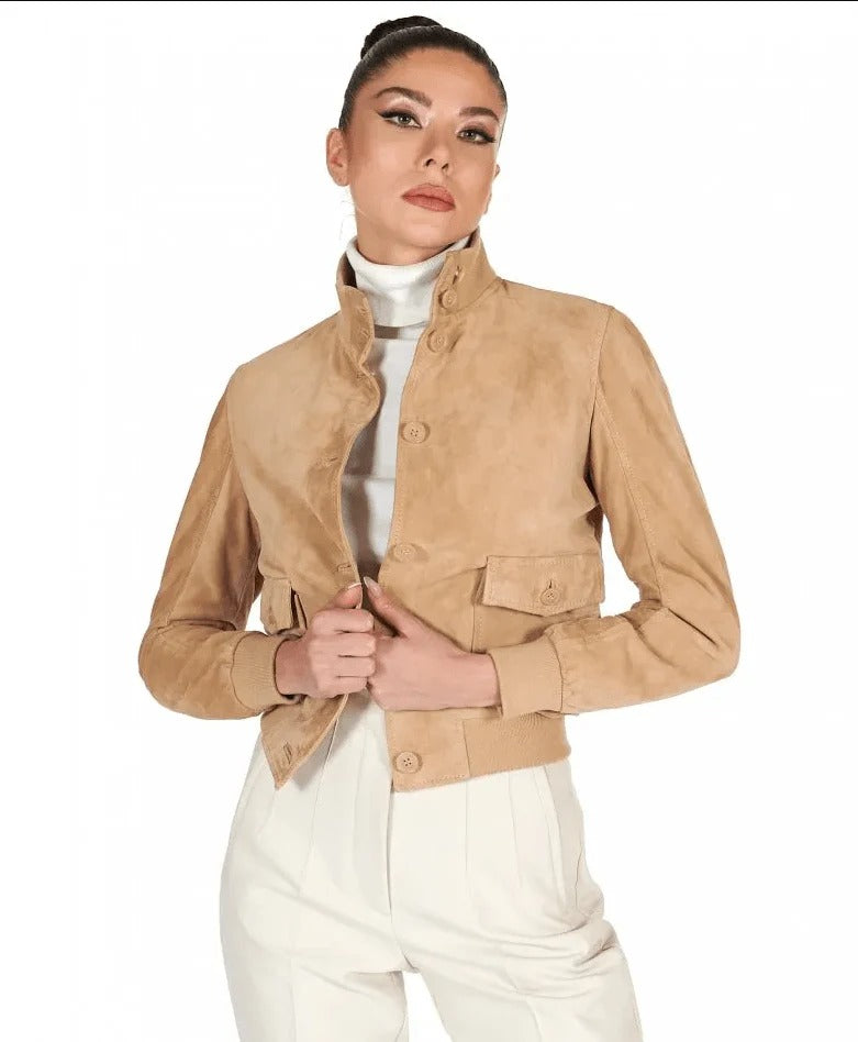 Women's Tan Brown Trucker Suede Leather Jacket