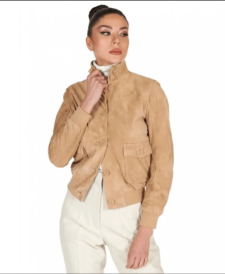 Women's Tan Brown Trucker Suede Leather Jacket