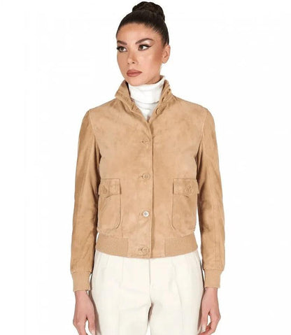 Women's Tan Brown Trucker Suede Leather Jacket