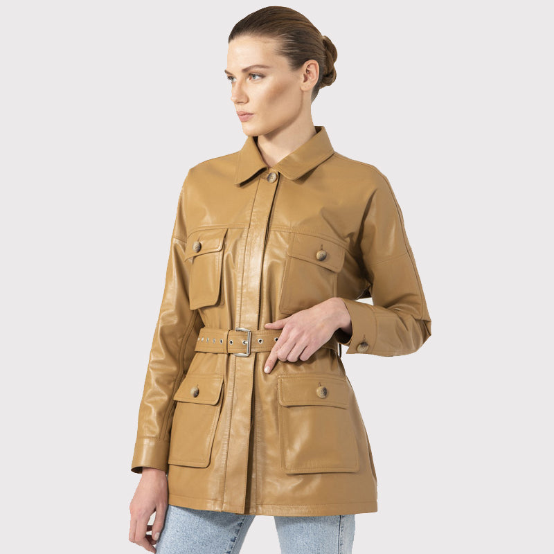 Women's Tan Leather Belted Style Coat