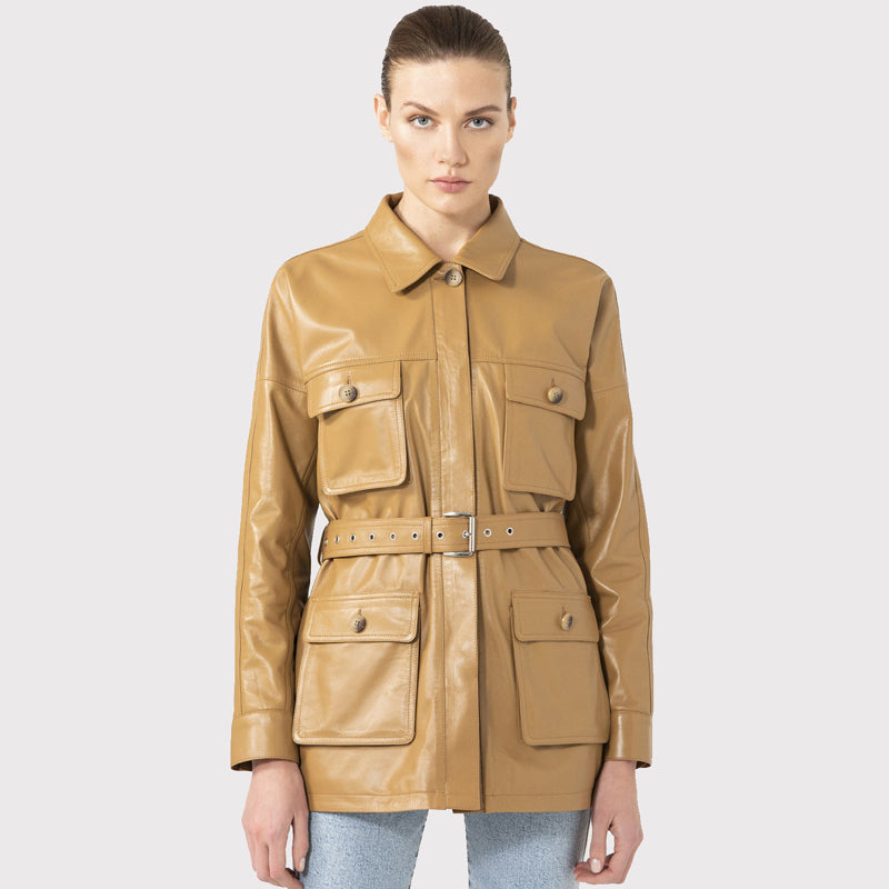 Women's Tan Leather Belted Style Coat