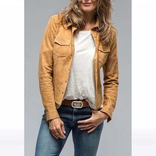 Tan Suede Leather Shirt Jacket for Women