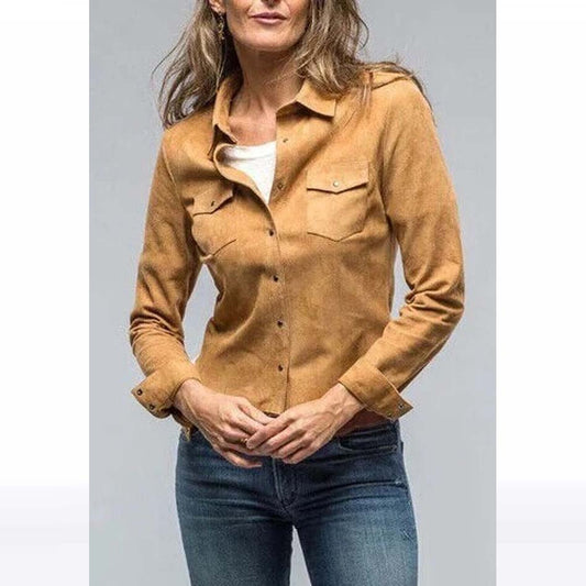 Tan Suede Leather Shirt Jacket for Women