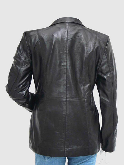 New Design Women's Three-Button Black Leather Blazer Coat