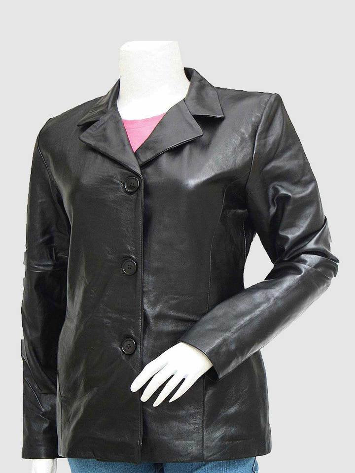 New Design Women's Three-Button Black Leather Blazer Coat