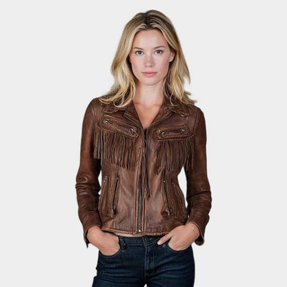 Women's vintage brown lambskin leather fringe jacket with Western inspired moto style
