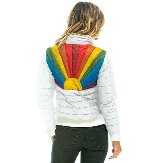 Women's Vintage Rainbow Sunburst Bomber Jacket - White