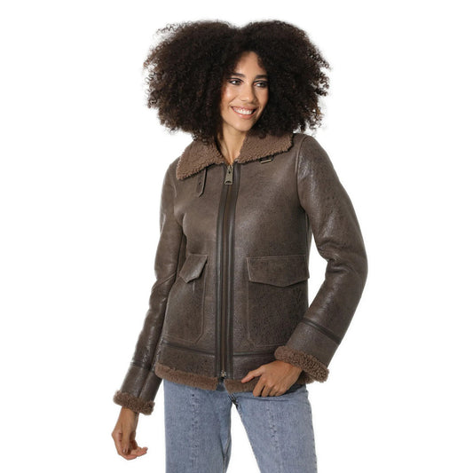 Women's Vintage Sheepskin Bomber Jacket with Cashmere Fur