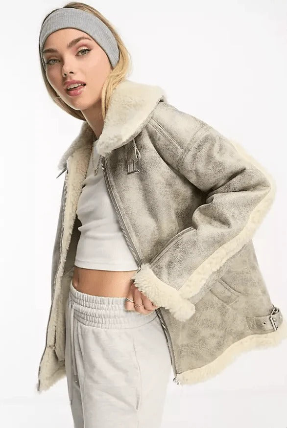 Women's White Distressed Bomber Leather Jacket