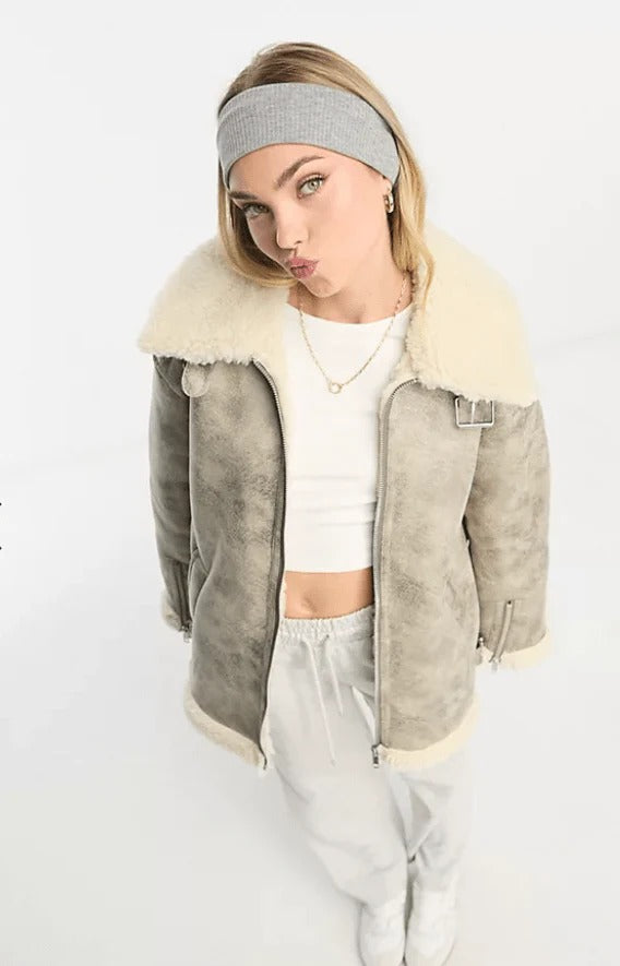 Women's White Distressed Bomber Leather Jacket