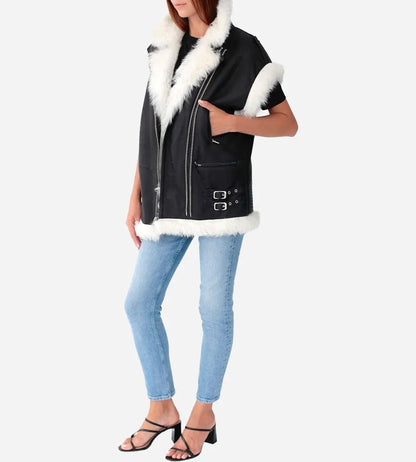 Women's White Fur Leather Biker Vest In Black