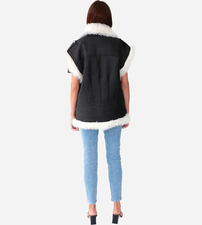 Women's White Fur Leather Biker Vest In Black