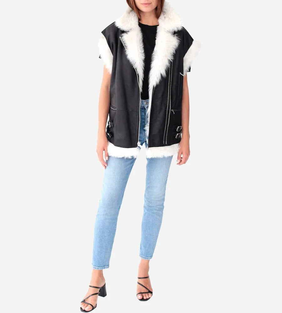 Women's White Fur Leather Biker Vest In Black