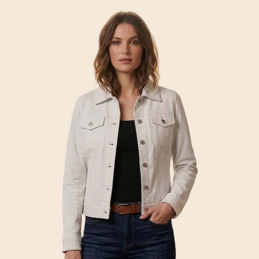 Women's white leather trucker jacket by Jackets Kingdom with polished silver tone buttons