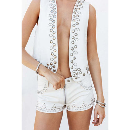 Women's White Low-Rise Studded Leather Micro Shorts