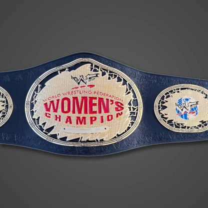 Women's Gold Genuine Leather WWF Championship Title Belt with Deep Etched Plates