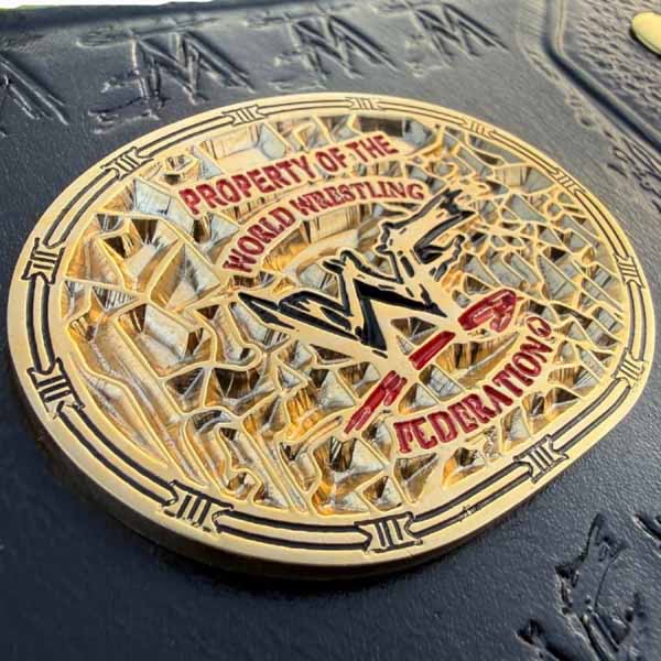 Women's Gold Genuine Leather WWF Championship Title Belt with Deep Etched Plates