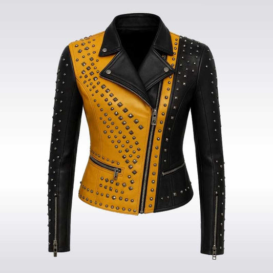 Women’s Yellow and Black Studded Leather Biker Jacket