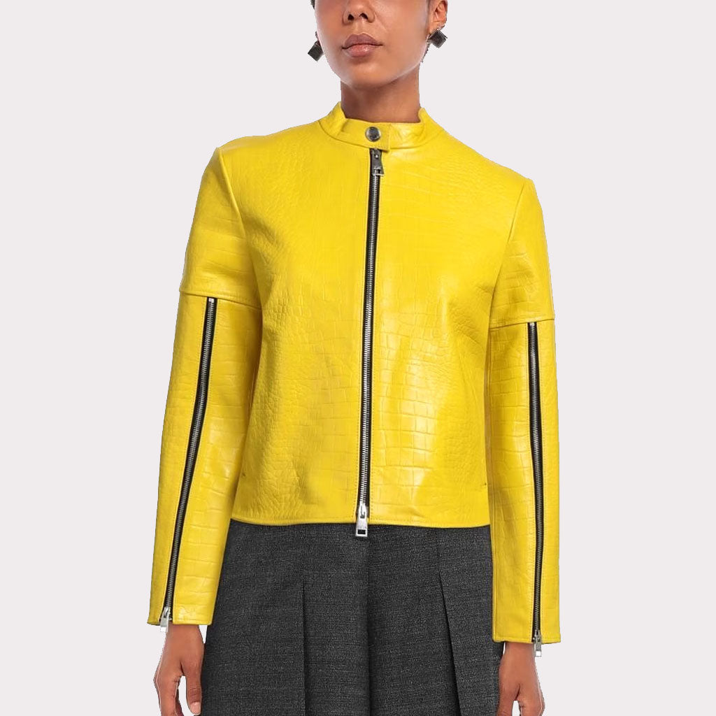 Women's Yellow Croc-Embossed Leather Jacket